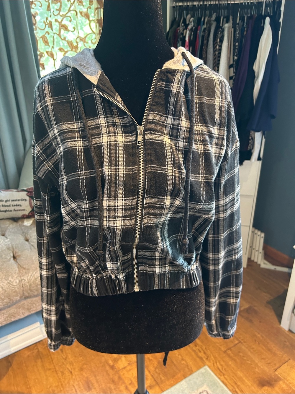 SHEIN Black & White Plaid Hooded Zip Bomber Jacket